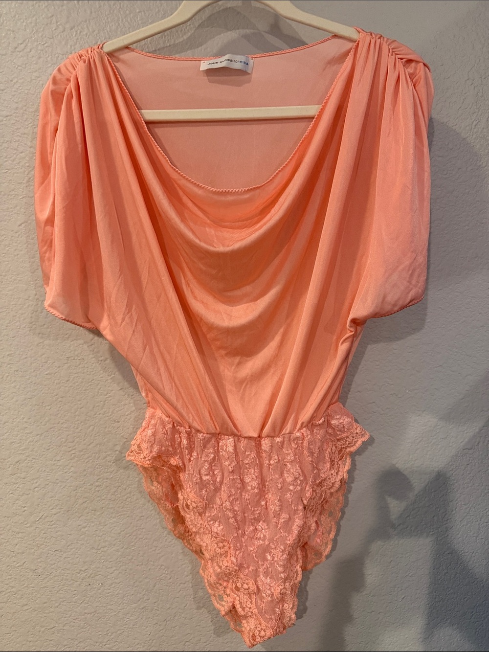 Vintage John Kloss for Ciara-Soft Cowl Lace-Trim Bandeau Bodysuit in Coral Peach